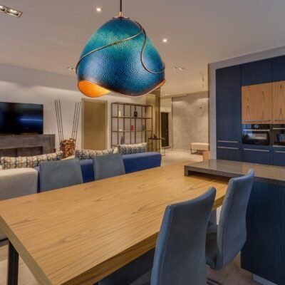 Hammered Copper Pendant Light: Azure Blue Patina, Artisan Moroccan Lighting