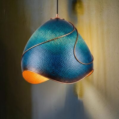 Hammered Copper Pendant Light: Azure Blue Patina, Artisan Moroccan Lighting