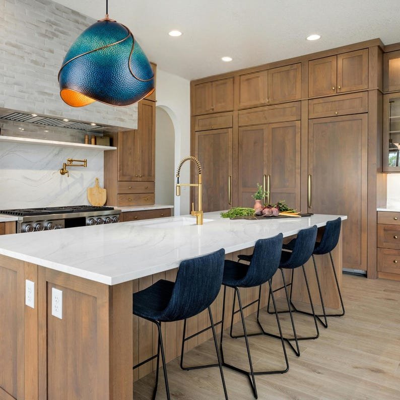 Hammered Copper Pendant Light: Azure Blue Patina, Artisan Moroccan Lighting