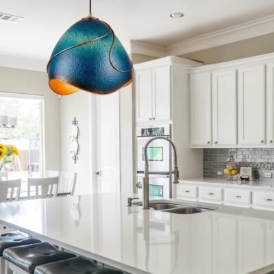 Hammered Copper Pendant Light: Azure Blue Patina, Artisan Moroccan Lighting