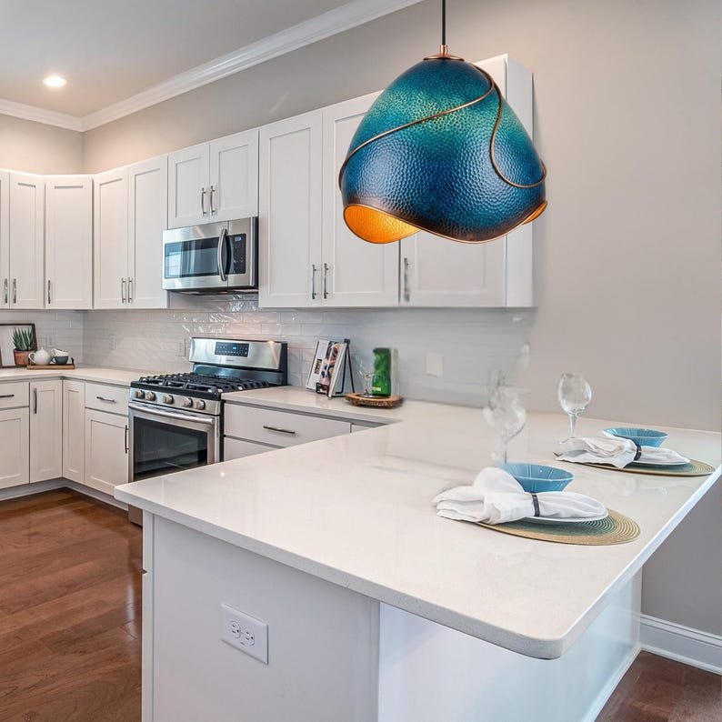 Hammered Copper Pendant Light: Azure Blue Patina, Artisan Moroccan Lighting