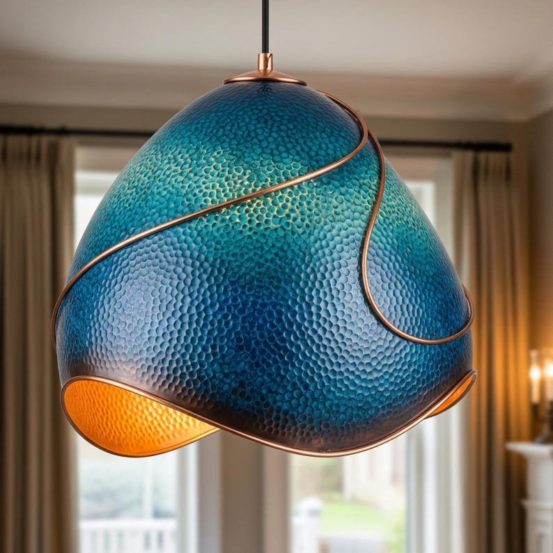 Hammered Copper Pendant Light: Azure Blue Patina, Artisan Moroccan Lighting