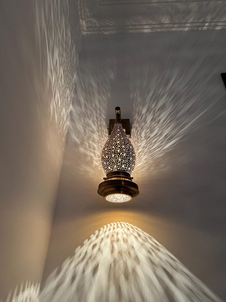 Moroccan Brass Wall Sconce Light – Handmade Pierced Wall Lamp – Boho Hallway Lighting – Bedroom Ambient Light
