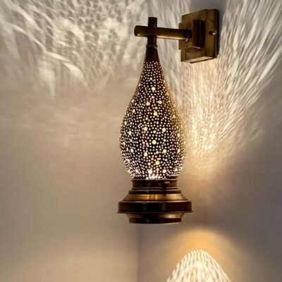 Moroccan Brass Wall Sconce Light – Handmade Pierced Wall Lamp – Boho Hallway Lighting – Bedroom Ambient Light
