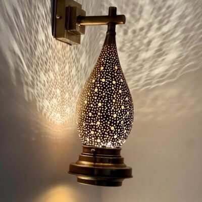 Moroccan Brass Wall Sconce Light – Handmade Pierced Wall Lamp – Boho Hallway Lighting – Bedroom Ambient Light