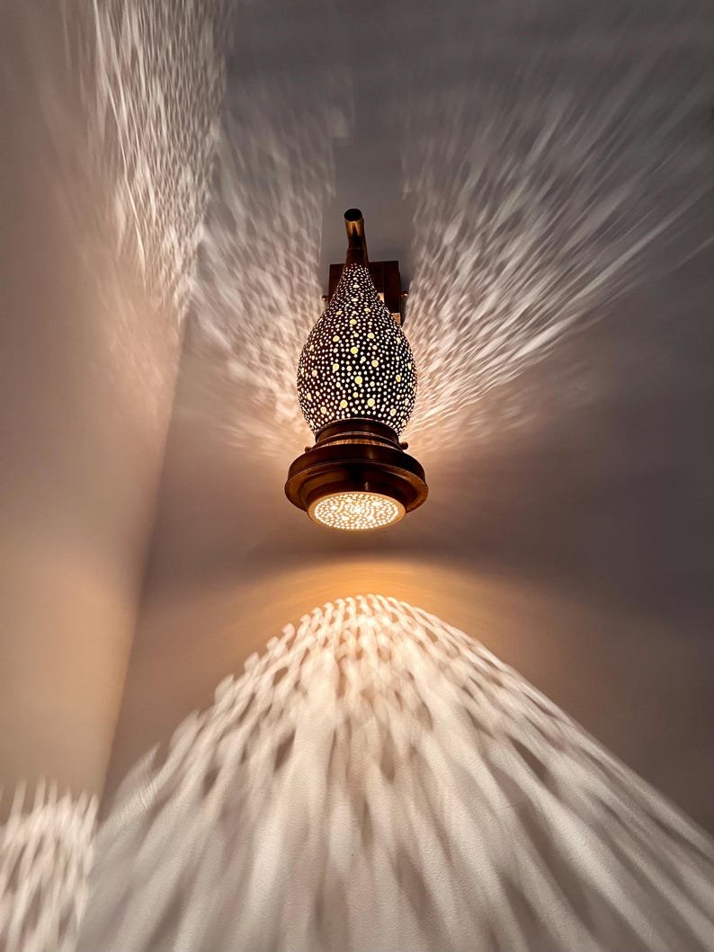 Moroccan Brass Wall Sconce Light – Handmade Pierced Wall Lamp – Boho Hallway Lighting – Bedroom Ambient Light