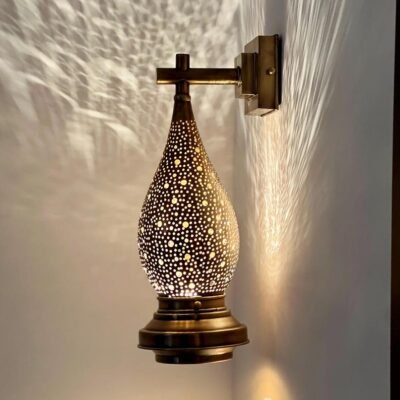 Moroccan Brass Wall Sconce Light – Handmade Pierced Wall Lamp – Boho Hallway Lighting – Bedroom Ambient Light