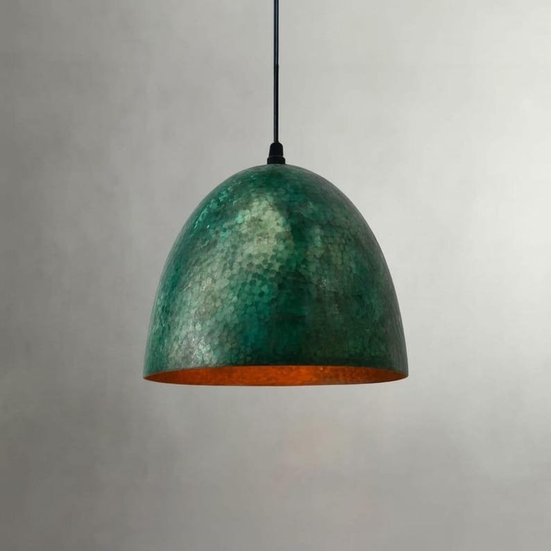 Green Hammered Brass Dome Pendant Light Patina Finish