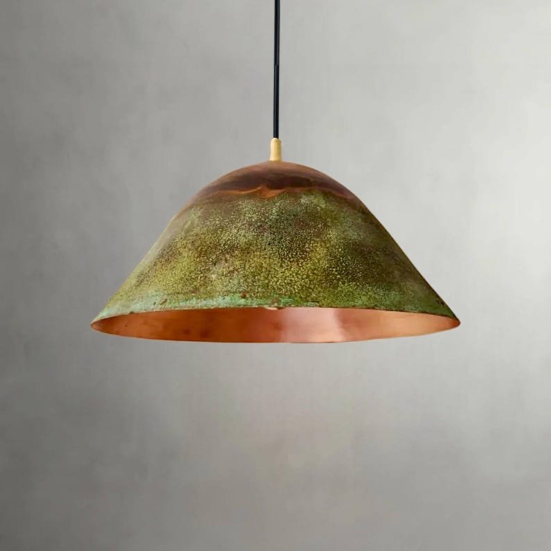 Set of 3 Green Patina Copper Bell Pendant Lights – Rustic Farmhouse Kitchen Island Lighting