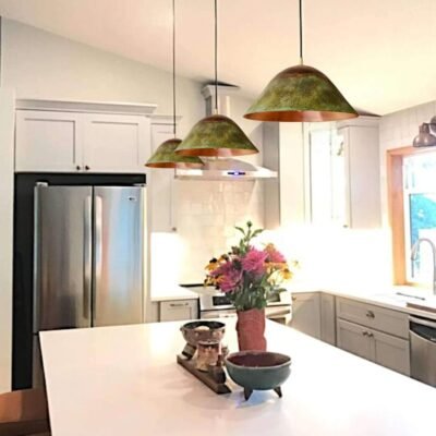 Set of 3 Green Patina Copper Bell Pendant Lights – Rustic Farmhouse Kitchen Island Lighting