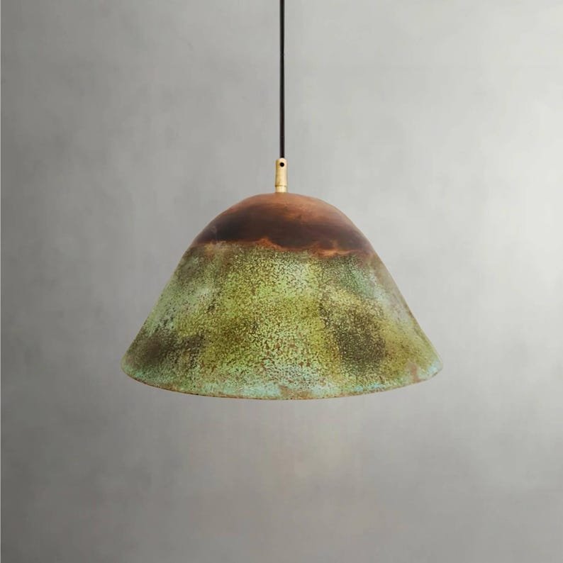 Set of 3 Green Patina Copper Bell Pendant Lights – Rustic Farmhouse Kitchen Island Lighting