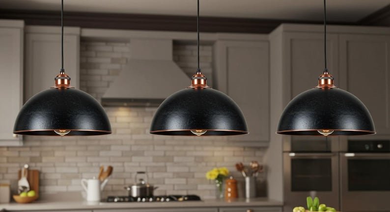 Copper Black Dome Ceiling Pendant Lamp, Hanging Lighting, Copper Light Fixture, Rustic Chandelier, Farmhouse Lighting, Industrial light