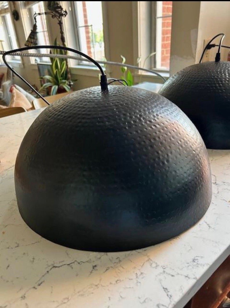 Set of 2 Hammered Brass Pendant Lights: Black & Gold Kitchen Island Lighting