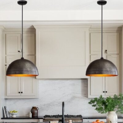 Set of 2 Hammered Brass Pendant Lights: Black & Gold Kitchen Island Lighting
