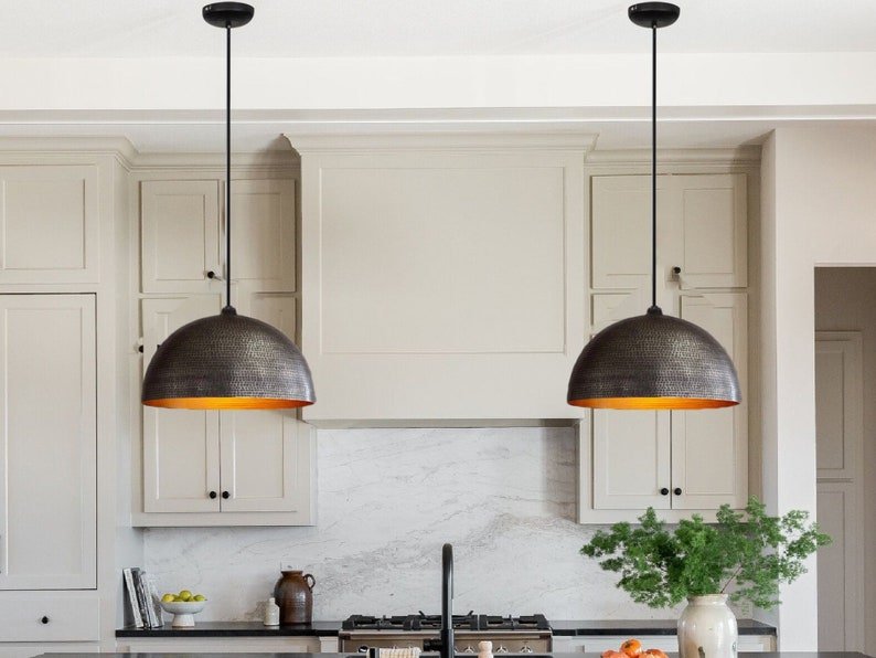 Set of 2 Hammered Brass Pendant Lights: Black & Gold Kitchen Island Lighting