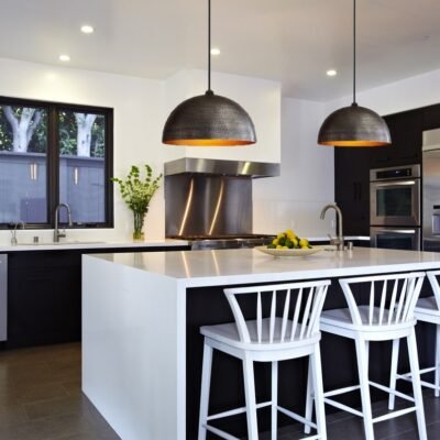 Set of 2 Hammered Brass Pendant Lights: Black & Gold Kitchen Island Lighting