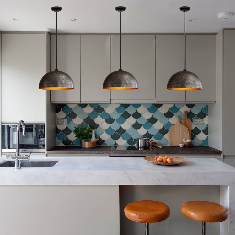 Set of 2 Hammered Brass Pendant Lights: Black & Gold Kitchen Island Lighting