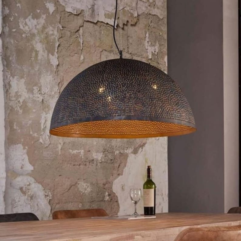 Set of 2, Dome Pendant Light,Handmade brass Pendant Lamps,Semi-Circle Black Metal Pendant,Moroccan Ceiling Light. Black outside Gold inside