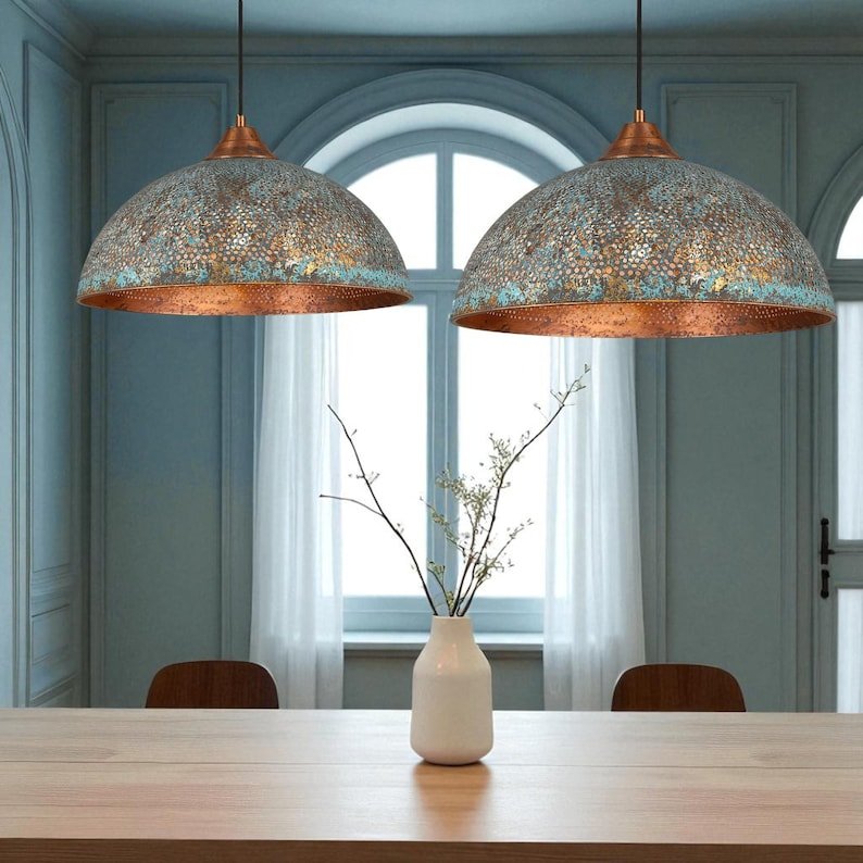 Handmade Blue Patina Copper Dome Pendant Light: Rustic Vintage Hanging Lamp Handmade Blue Patina Copper Dome Pendant Light: Rustic Vintage Hanging Lamp