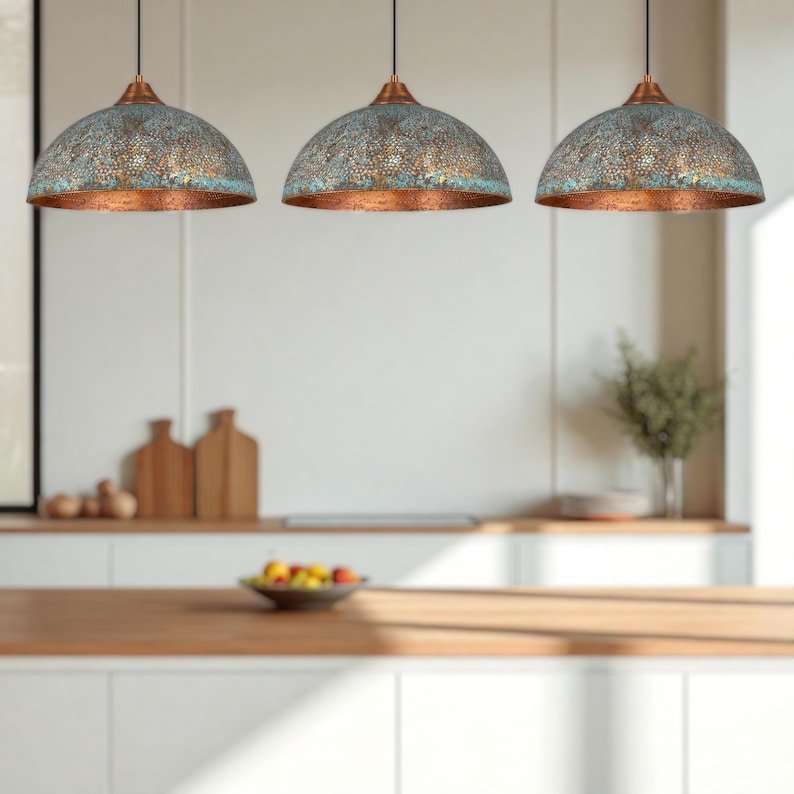 products-BluePatina5 Set of 3 Blue Patina Copper Dome Pendant Lights