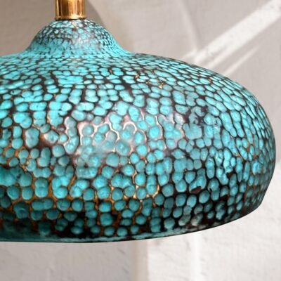 Handmade Blue Patina Brass Pendant Light - Hammered Dome Kitchen Lighting