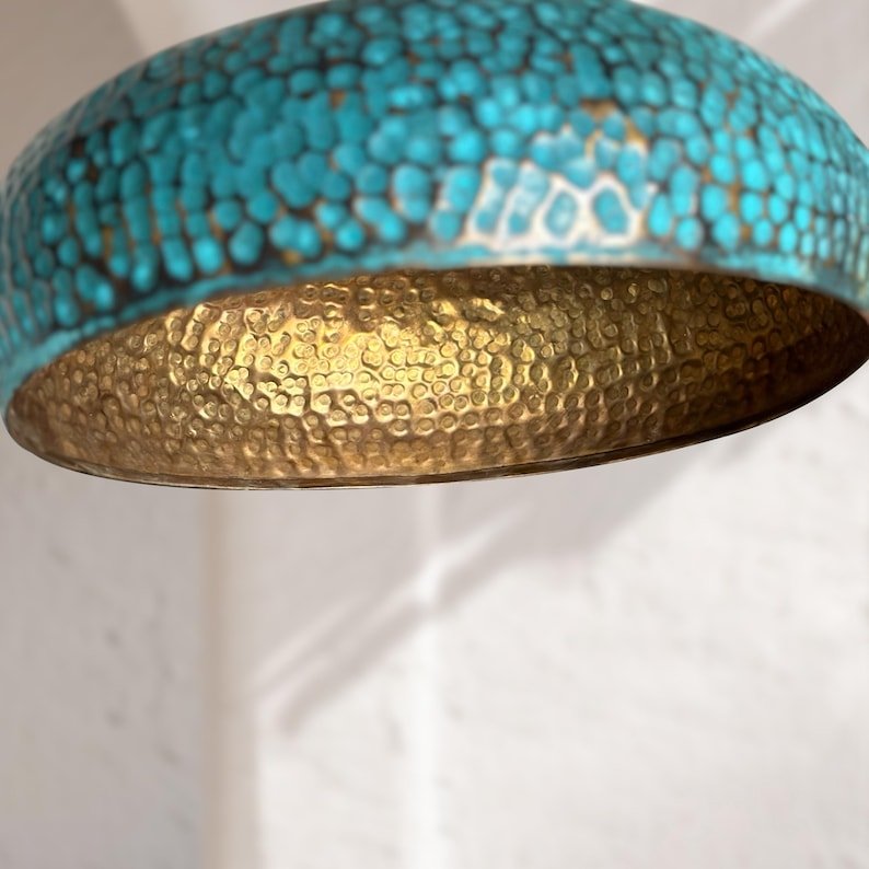 Handmade Blue Patina Brass Pendant Light - Hammered Dome Kitchen Lighting