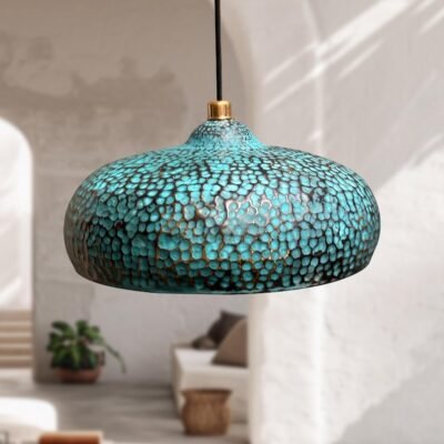 Handmade Blue Patina Brass Pendant Light - Hammered Dome Kitchen Lighting