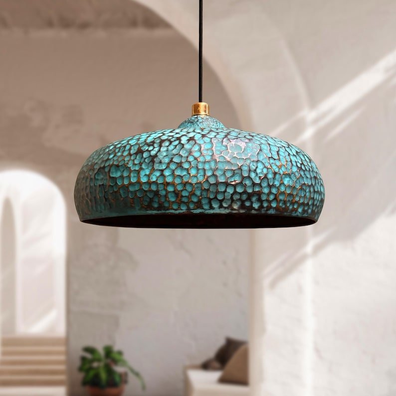 Handmade Blue Patina Brass Pendant Light - Hammered Dome Kitchen Lighting