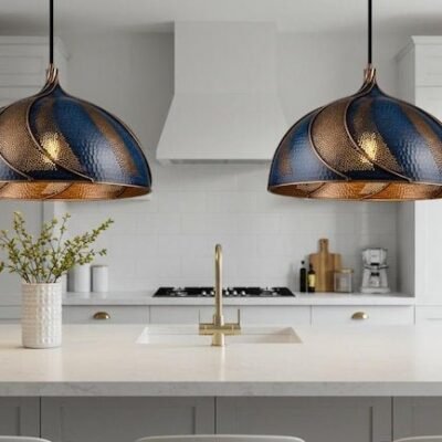 Set of 2 Blue Swirl Copper Dome Pendant Lights