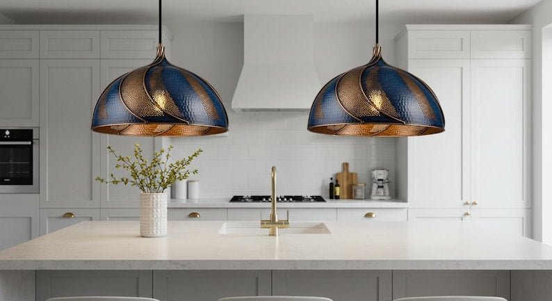 Handmade Blue Patina Copper Dome Pendant Light - Rustic Kitchen Island Lighting