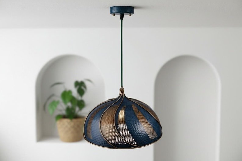 Handmade Blue Patina Copper Dome Pendant Light - Rustic Kitchen Island Lighting