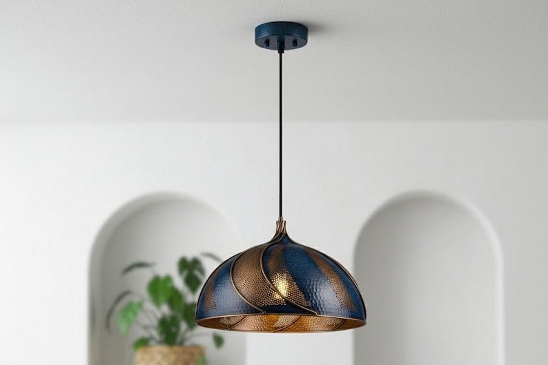 Handmade Blue Patina Copper Dome Pendant Light - Rustic Kitchen Island Lighting