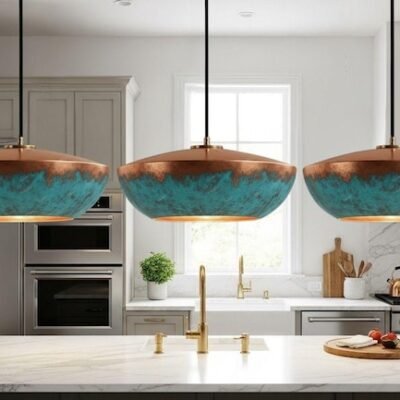Handmade Copper Pendant Light: Blue Patina Dome Lamp, Rustic Moroccan Style Lighting