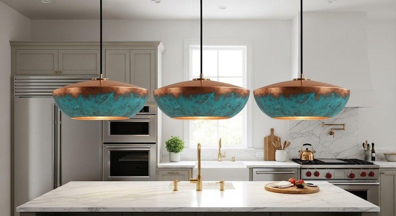 Handmade Copper Pendant Light: Blue Patina Dome Lamp, Rustic Moroccan Style Lighting