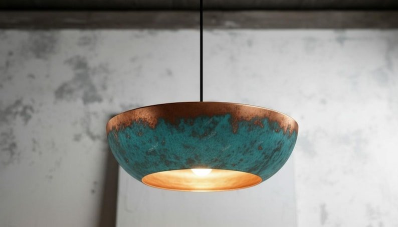Blue Patina Copper Bowl Pendant Light Rustic Modern Ceiling Lamp