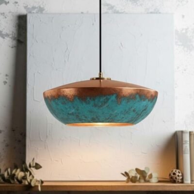 Handmade Copper Pendant Light: Blue Patina Dome Lamp, Rustic Moroccan Style Lighting