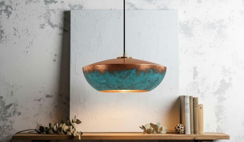 Handmade Copper Pendant Light: Blue Patina Dome Lamp, Rustic Moroccan Style Lighting