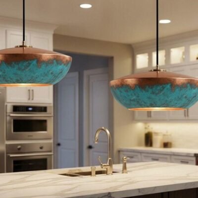 Handmade Copper Pendant Light: Blue Patina Dome Lamp, Rustic Moroccan Style Lighting