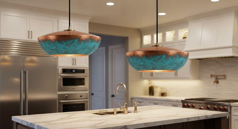 Handmade Copper Pendant Light: Blue Patina Dome Lamp, Rustic Moroccan Style Lighting