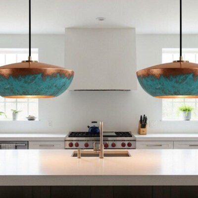 Handmade Copper Pendant Light: Blue Patina Dome Lamp, Rustic Moroccan Style Lighting