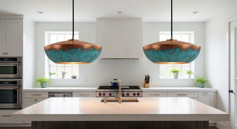 Handmade Copper Pendant Light: Blue Patina Dome Lamp, Rustic Moroccan Style Lighting