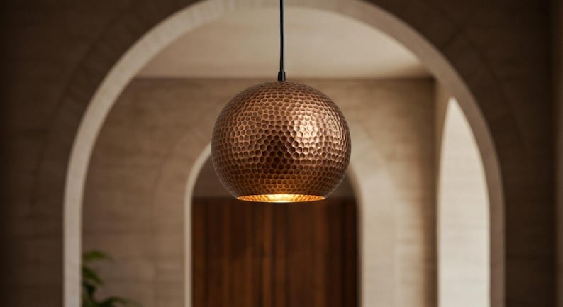 Handmade Moroccan Copper Pendant Light: Perforated Bohemian Ceiling Lamp Handmade Moroccan Copper Pendant Light: Perforated Bohemian Ceiling Lamp