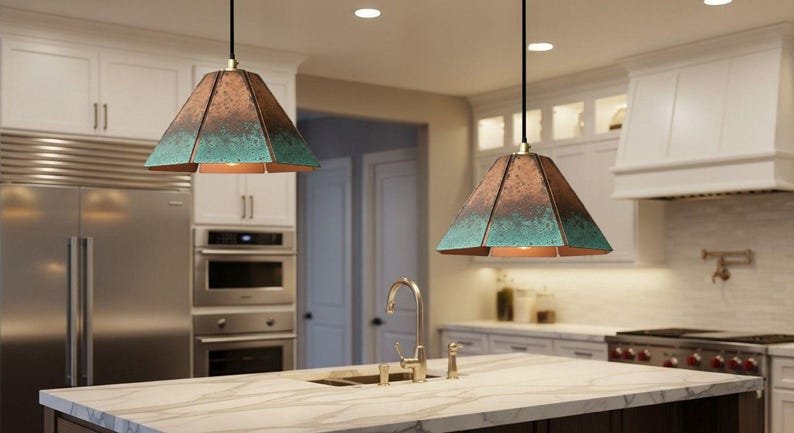 Handmade Copper Pendant Lamp: Green Patina Moroccan Boho Light Handmade Copper Pendant Lamp: Green Patina Moroccan Boho Light