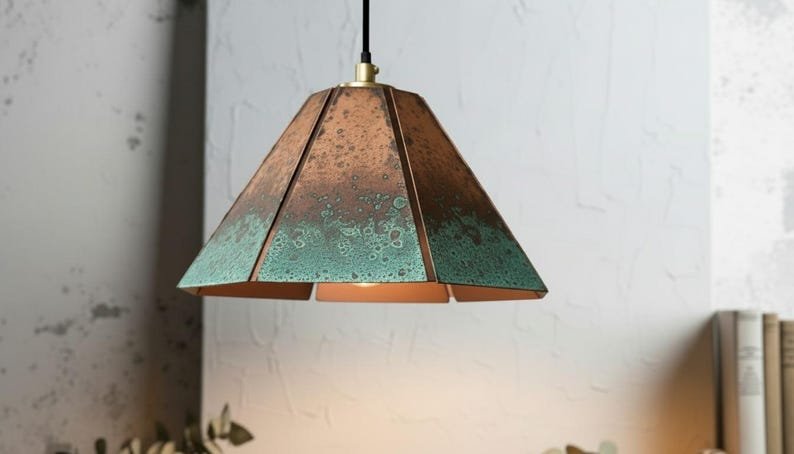 Handmade Copper Pendant Lamp: Green Patina Moroccan Boho Light Handmade Copper Pendant Lamp: Green Patina Moroccan Boho Light