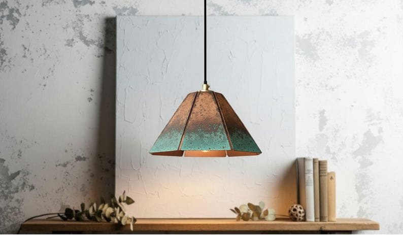 Handmade Copper Pendant Lamp: Green Patina Moroccan Boho Light Handmade Copper Pendant Lamp: Green Patina Moroccan Boho Light