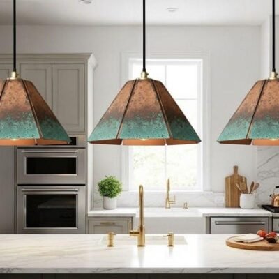products-Boho5 Green Patina Copper Pyramid Pendant Light – Geometric Shade
