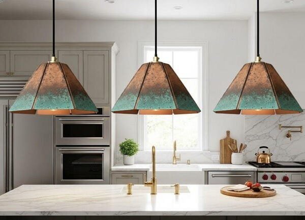 products-Boho5 Green Patina Copper Pyramid Pendant Light – Geometric Shade