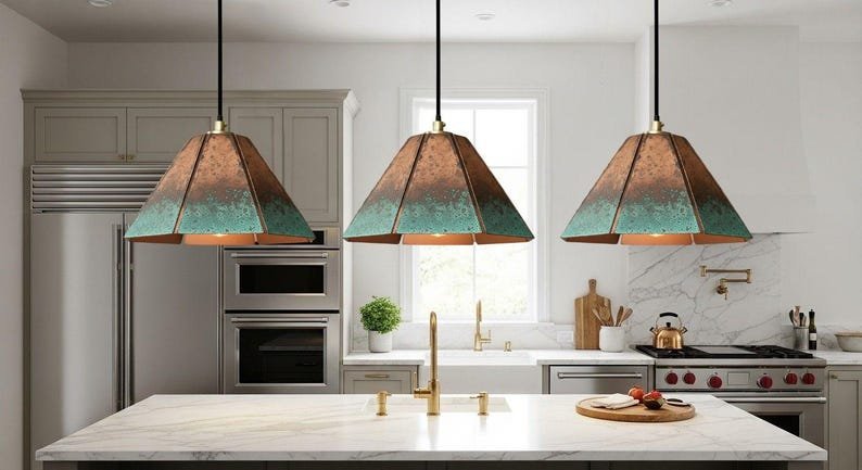 products-Boho5 Green Patina Copper Pyramid Pendant Light – Geometric Shade