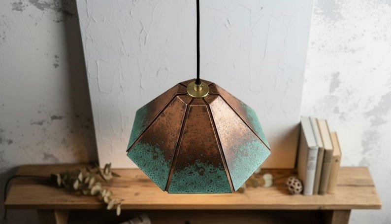 Handmade Copper Pendant Lamp: Green Patina Moroccan Boho Light Handmade Copper Pendant Lamp: Green Patina Moroccan Boho Light