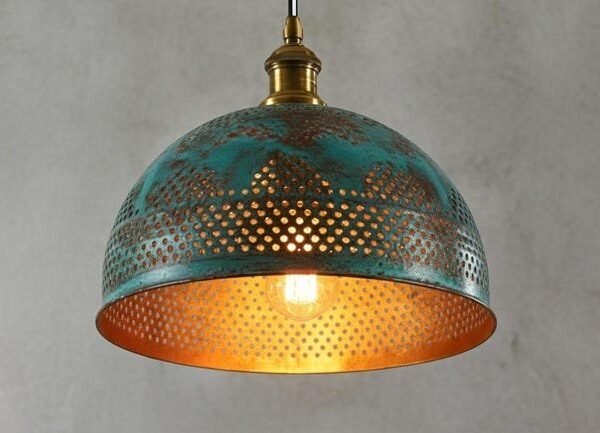 Handmade Green Patina Copper Dome Pendant Rustic Boho Ceiling Light